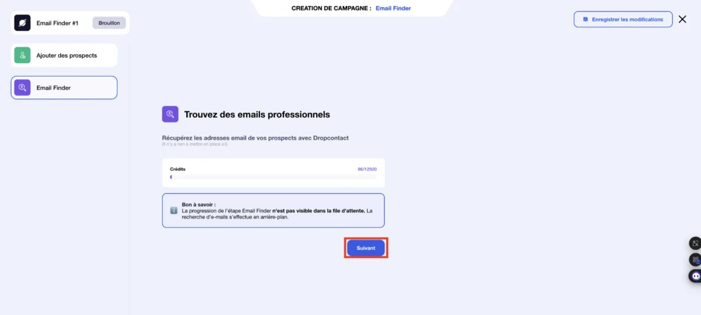 Waalaxy Email-Finder-Schritt mit hervorgehobener Schaltfläche Weiter