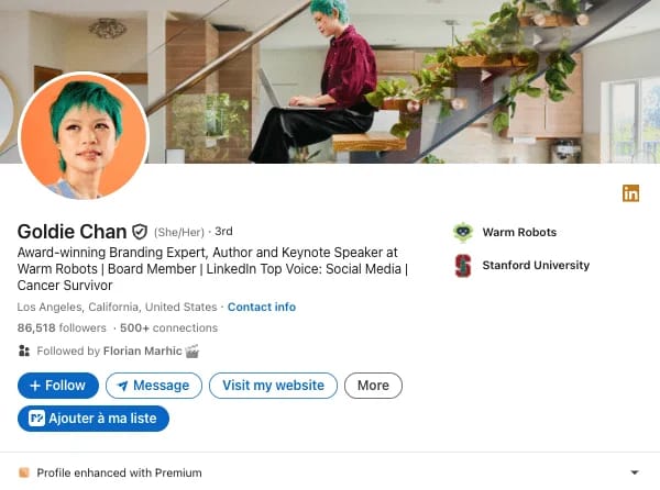 Voorbeeld van solide LinkedIn personal branding: Goldie Chan (digitale marketing & sociale media).