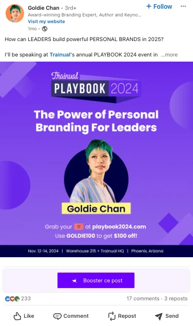 Voorbeeld van solide LinkedIn personal branding: post door Goldie Chan (digitale marketing & sociale media).