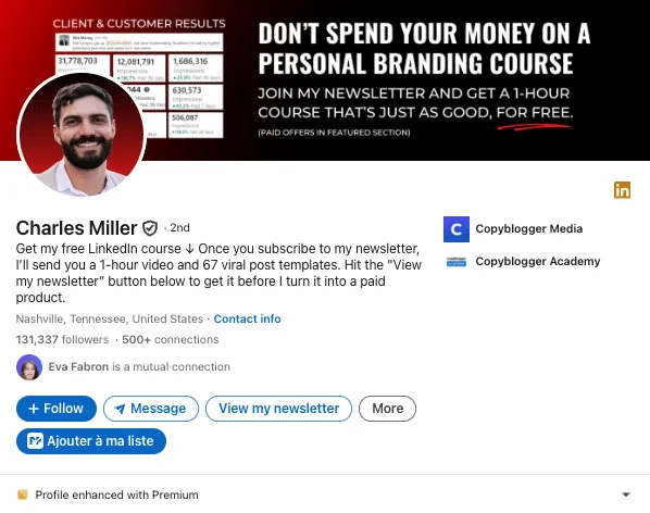 Voorbeeld van solide LinkedIn personal branding: Charles Miller (personal branding en copywriting).