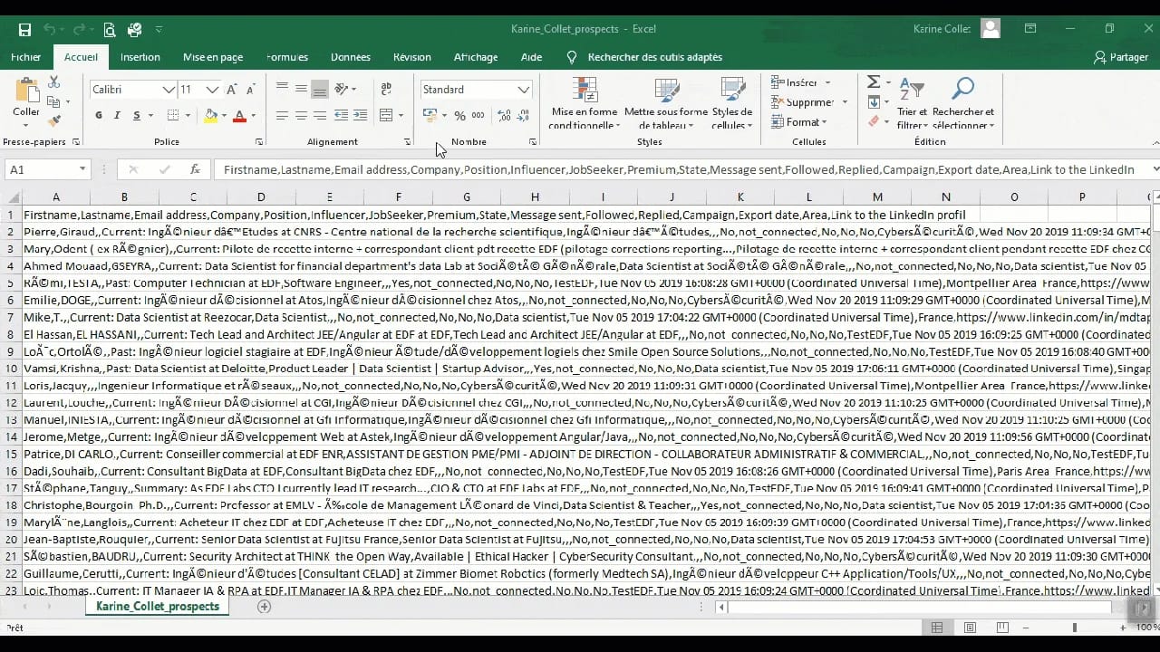 Modification du fichier excel pour filtrer les adresses email de vos contact linkedin