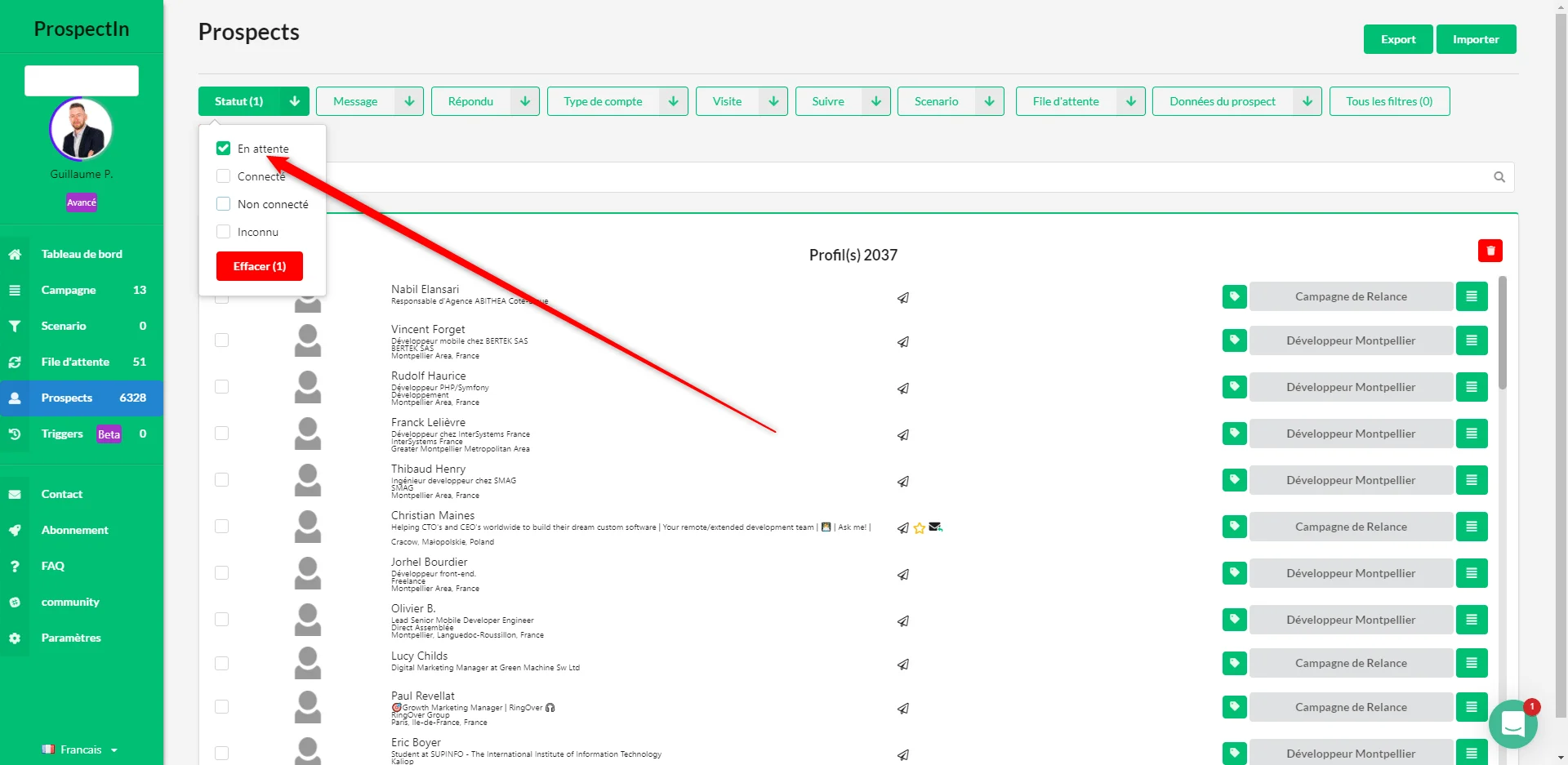 Page web d'un logiciel de gestion de prospects, liste des contacts avec filtre "Offre". Interface utilisateur avec menu latéral et tableau de données.