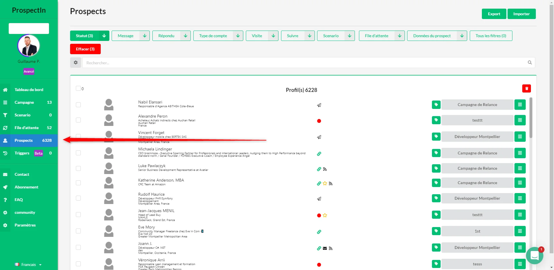 Page d'interface utilisateur avec liste de prospects, icônes et boutons, filtre "Prospects" sélectionné.