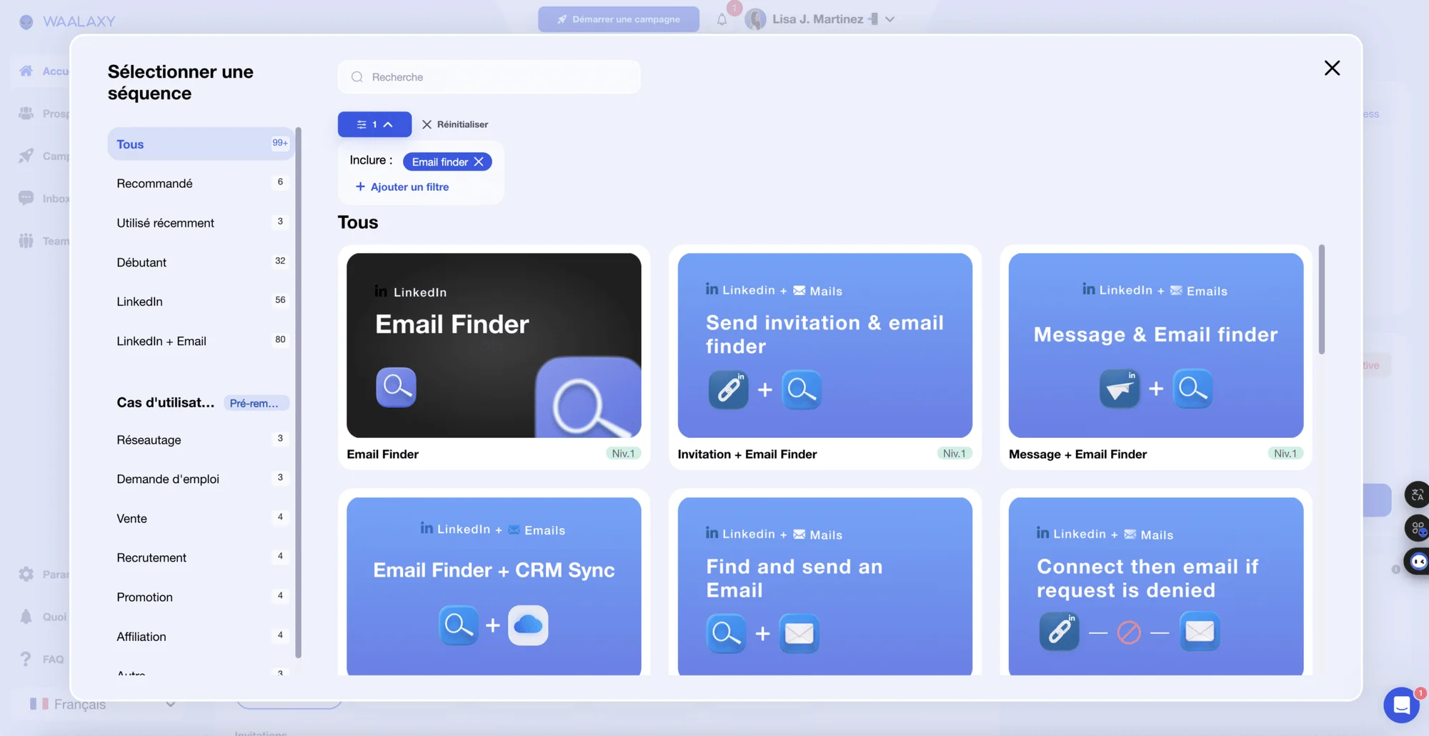 Selezione di sequenze di azioni multicanale con Email Finder.