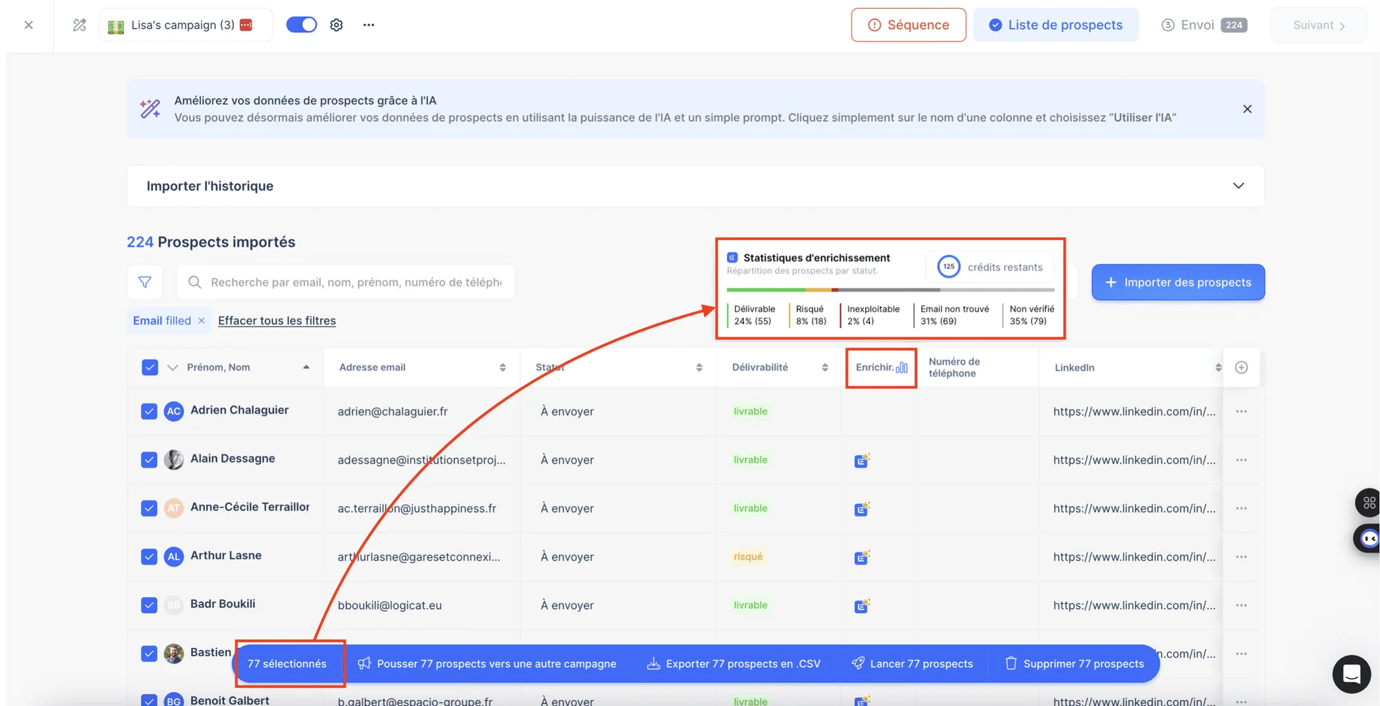 Resultados do Localizador de e-mails no Lemlist.
