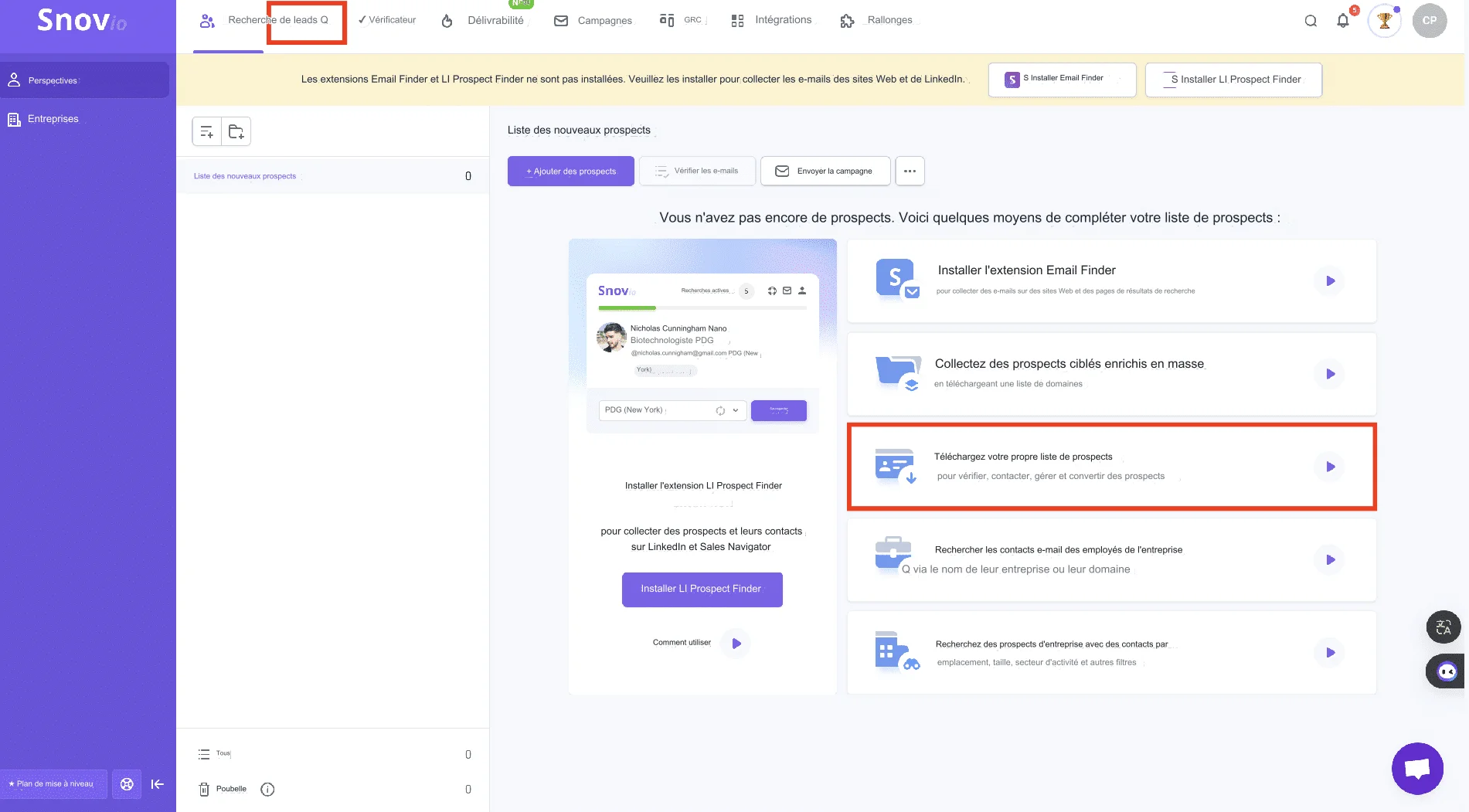 Localizador de e-mails Snov.io Home.