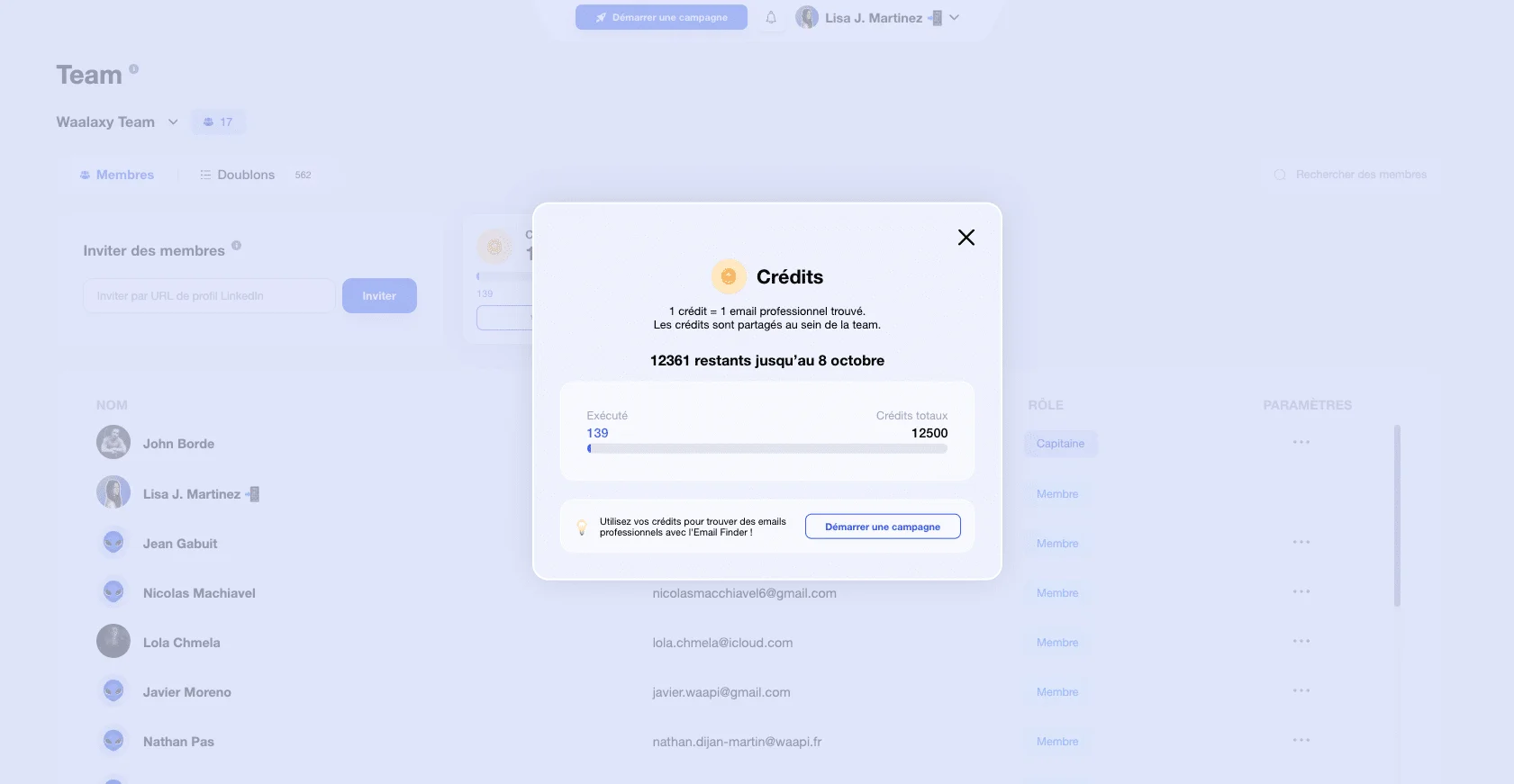 Email Finder Waalaxy: Contador de créditos.