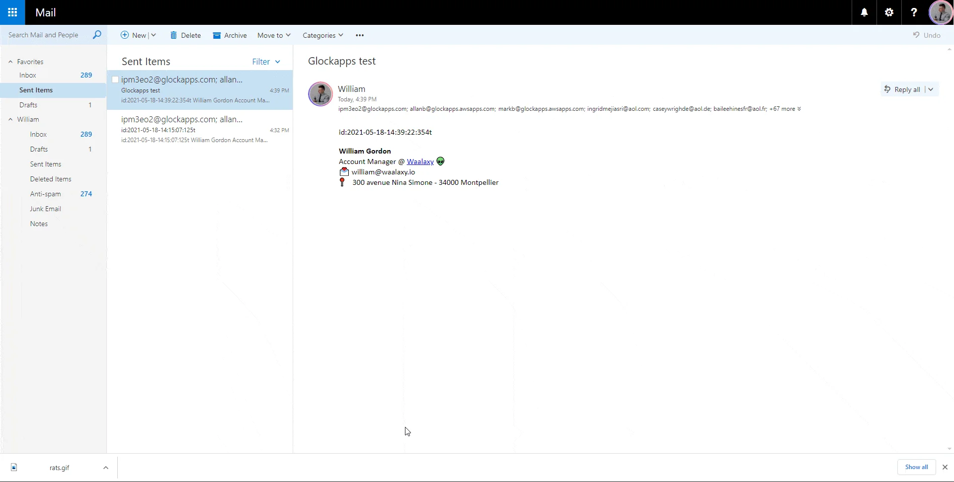 Vue d'écran d'une interface de messagerie électronique montrant un e-mail envoyé à William Berlin avec des détails de l'expéditeur et du destinataire.
