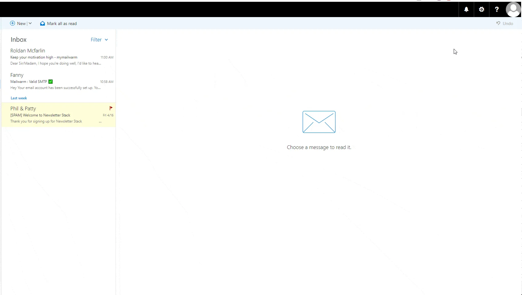 Interface d'email avec messages dans l'onglet "Inbox". Texte: "Choose a message to read it."