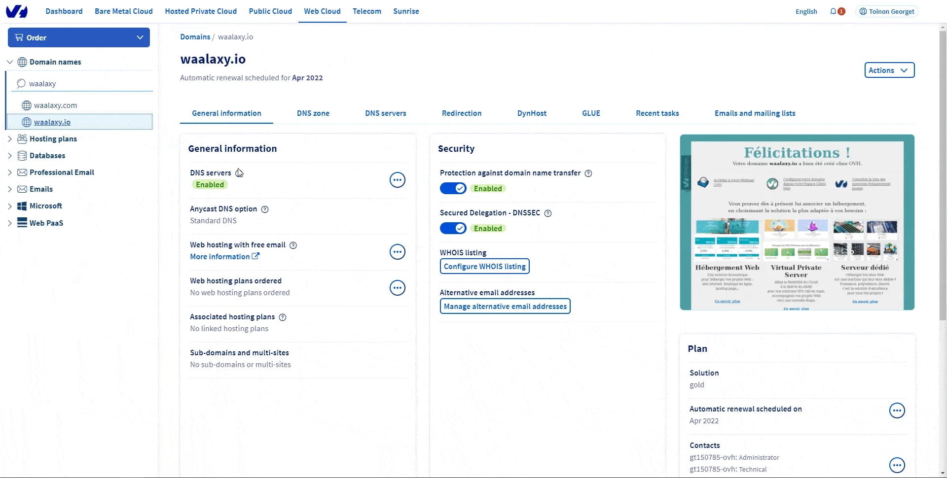 Page web d'administration de domaine avec des options de sécurité et de gestion des serveurs DNS.