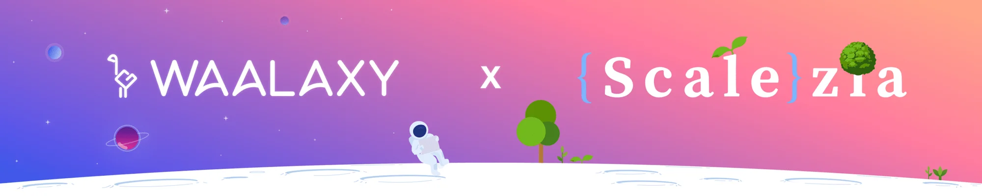 Image: WAALAXY x Scalezia logo, astronaute, espace, planètes, arbres, ciel coloré.