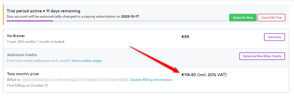 Page de facturation en ligne, montant total €118.80 (20% VAT inclus).