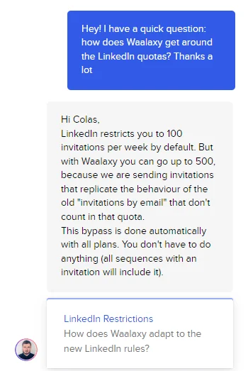 Dialogue sur LinkedIn quotas, WAALAXY vs 100 invitations par semaine.