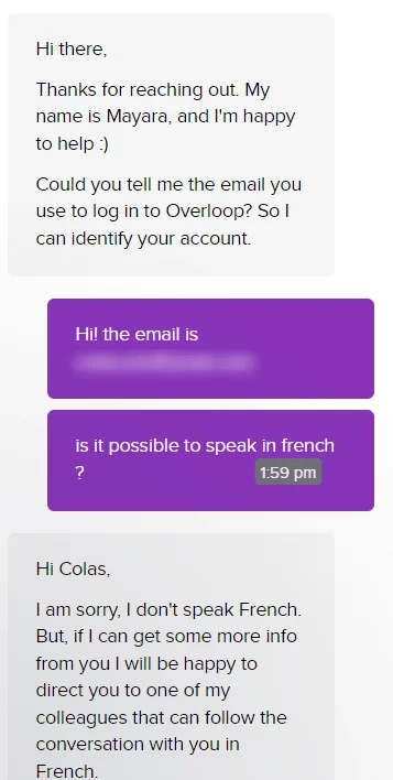Message d'assistance en ligne, demande d'accès à un compte, réponses en français.