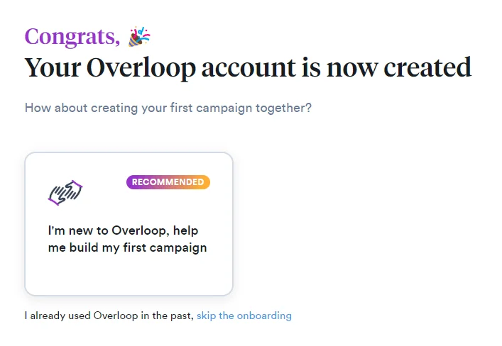 Page d'accueil d'Overloop, invitation à créer un premier campagne.