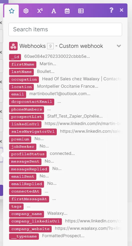 Interface d'application web montrant des détails d'un contact, y compris le nom, le prénom, l'occupation, et des liens vers les réseaux sociaux.