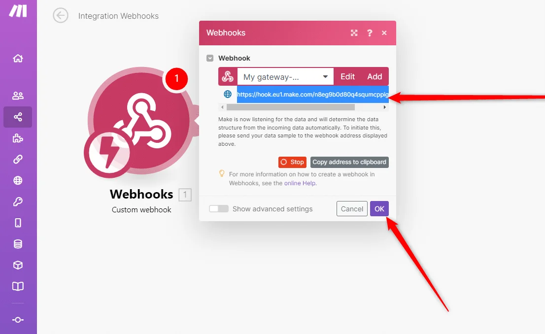 Interface d'intégration Webhooks avec champ URL et bouton OK.