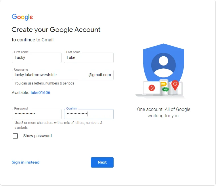 Page de création d'un compte Google. Formulaire d'inscription avec champs pour nom, prénom, email, mot de passe. Icône de sécurité et texte "One account. All of Google working for you." à droite.