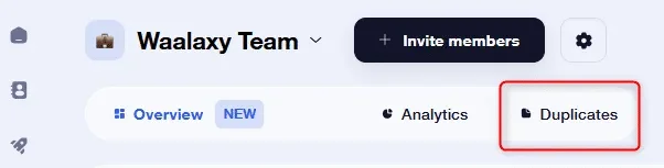"Interface utilisateur du 'Waalaxy Team', menu 'Duplicats' sélectionné."