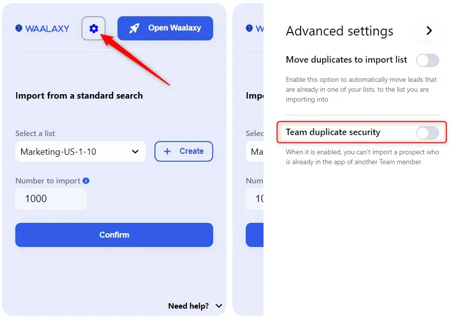 Interface utilisateur de WAALAXY, paramètres d'importation et sécurité en équipe.