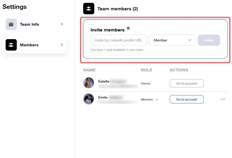Page d'équipe avec invitation à inviter des membres via URL LinkedIn. 2 membres existants. 1 place disponible.