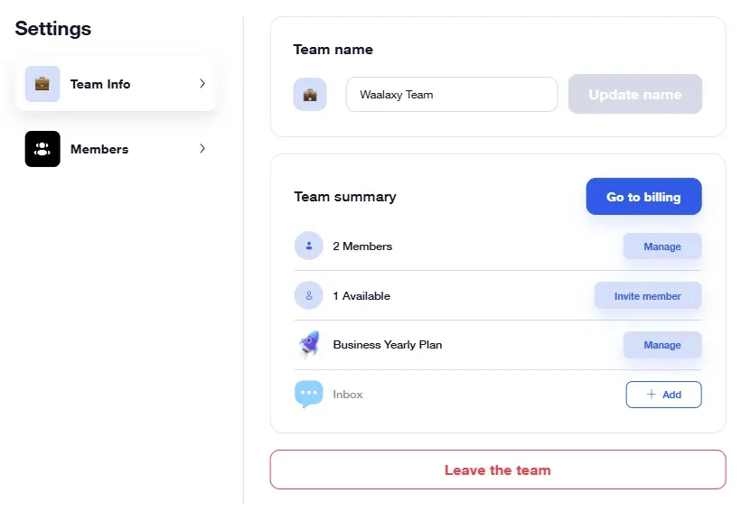 Page de gestion d'équipe avec nom "Waalky Team", 2 membres, plan d'entreprise annuel, bouton "Leave the team".