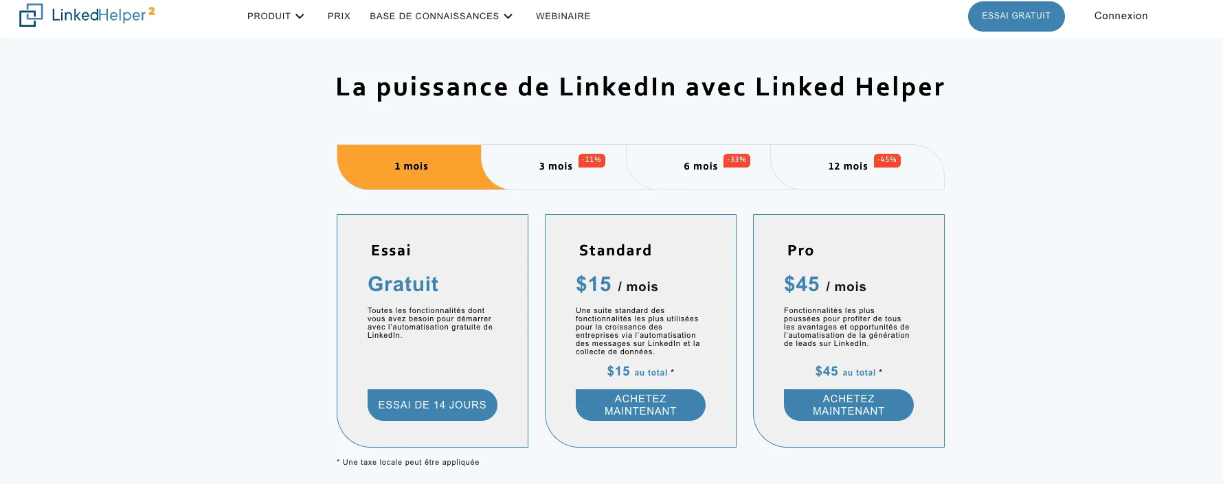 Page web présentant des options d'abonnement pour LinkedIn Helper
