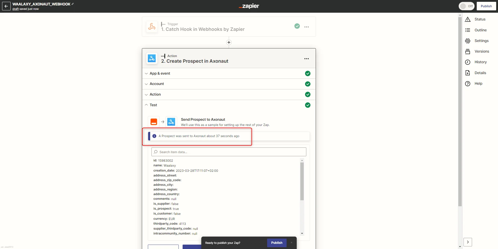 Page web montrant Zapier, interface d'automatisation pour créer un profil en Asana. Des champs de formulaire sont visibles.