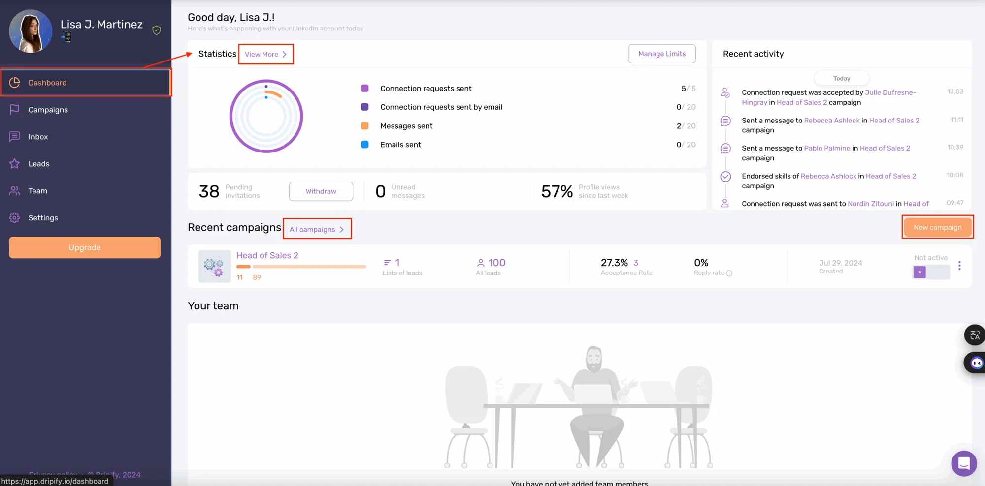 Waalaxy VS Dripify : Design de l'interface Dripify.