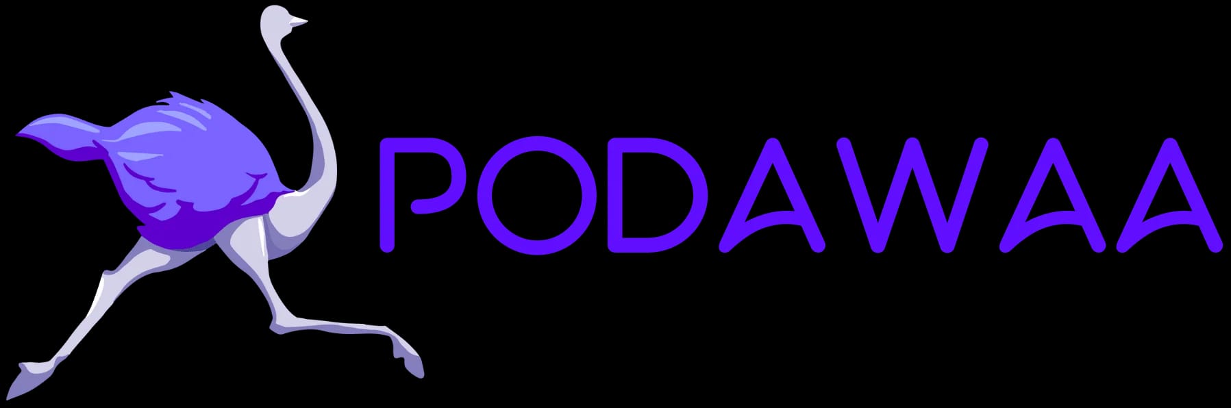 Image : Logo "PODAWAA" avec oiseau violet et blanc sur fond noir.