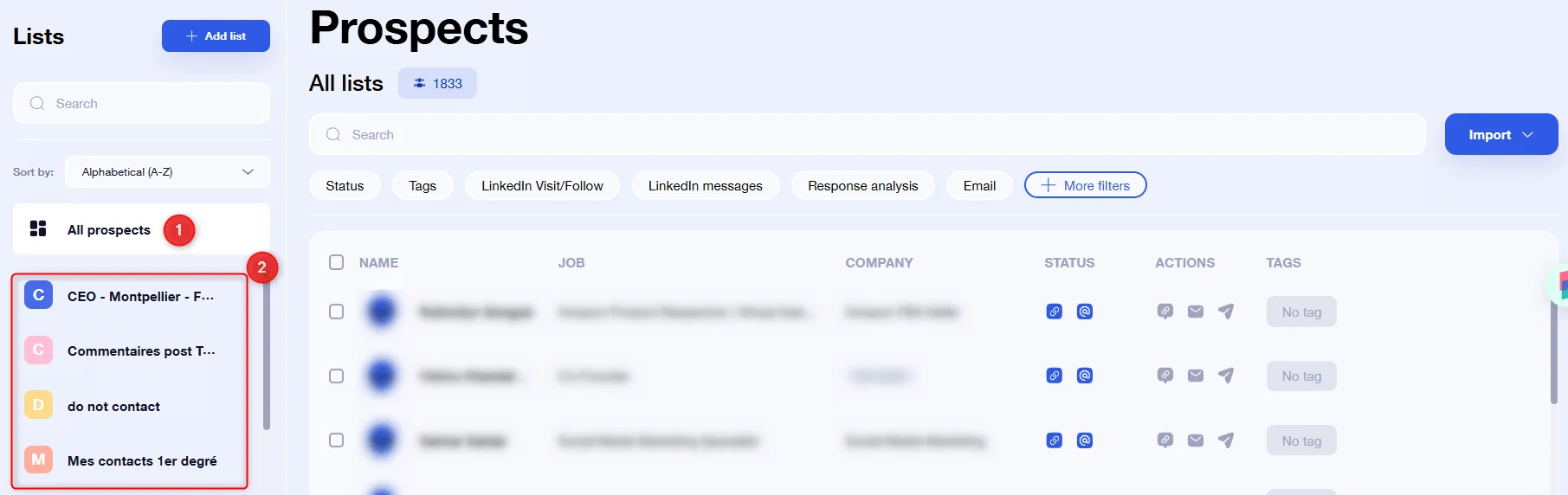 Page web de gestion de prospects avec liste "All prospects" et filtres d'entreprise.