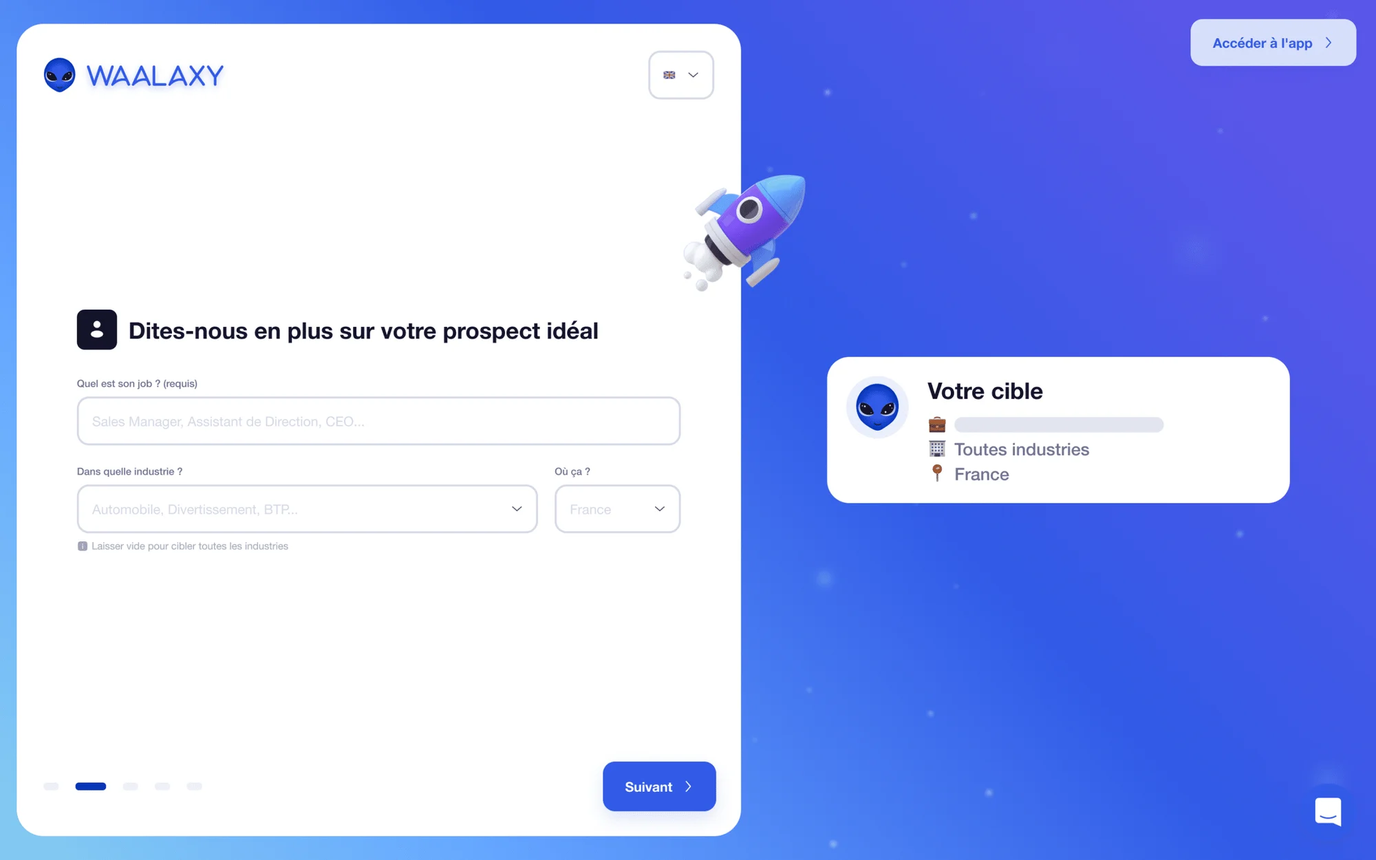 Page web de WAALAXY avec formulaire pour définir un prospect idéal, fond bleu, icône de fusée, texte en français.