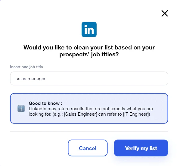 Page LinkedIn, vérification de titres professionnels, saisie "sales manager", boutons "Cancel" et "Verify my list".