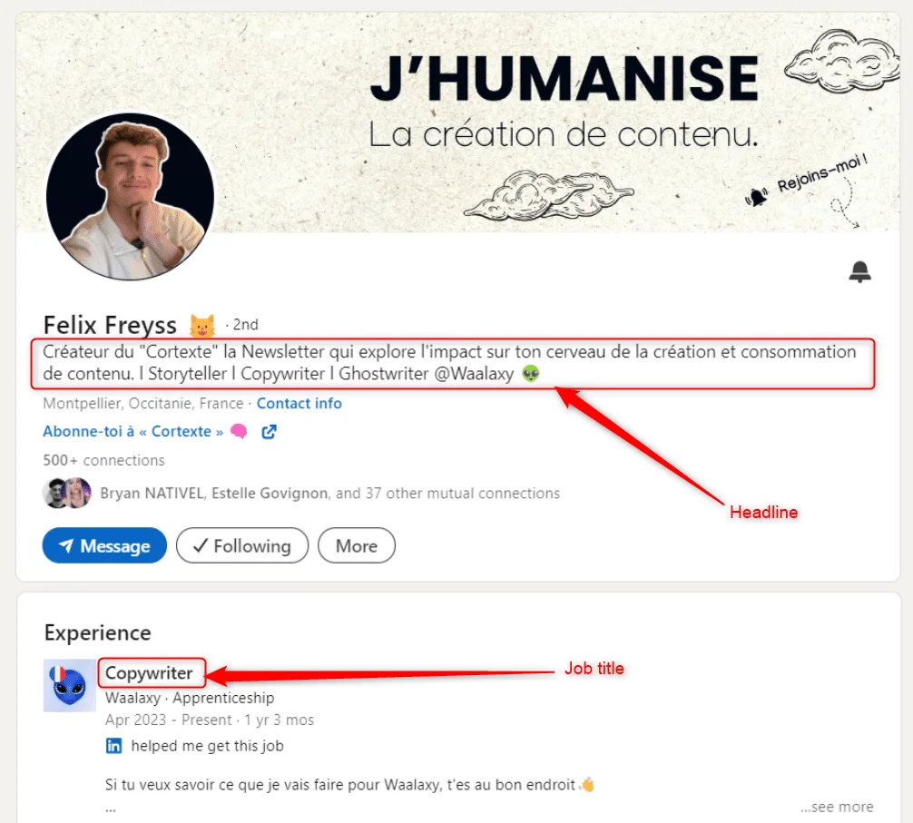 Description d'un profil LinkedIn montrant un créateur de "Cortexte", newsletter sur contenu et consommation, titre: Copywriter, expérience en apprentissage chez Waalaxy.