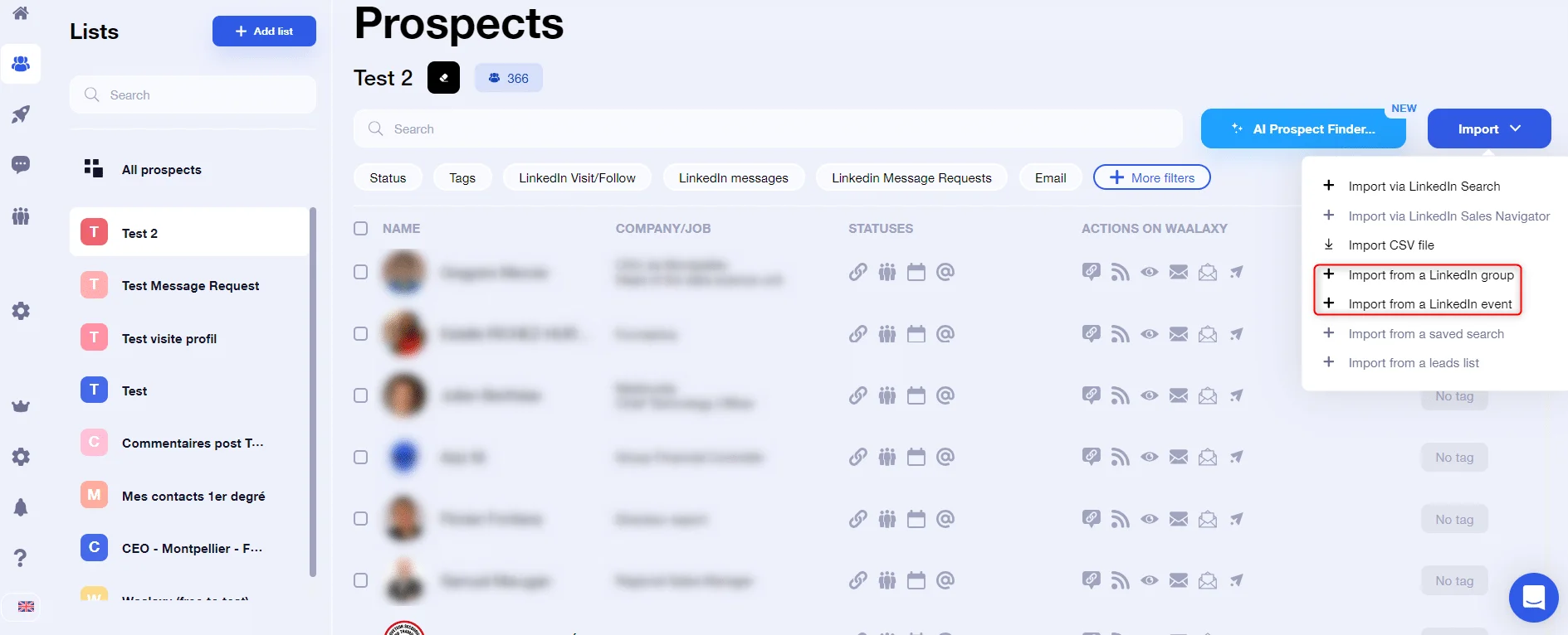 Waalaxy prospects lists