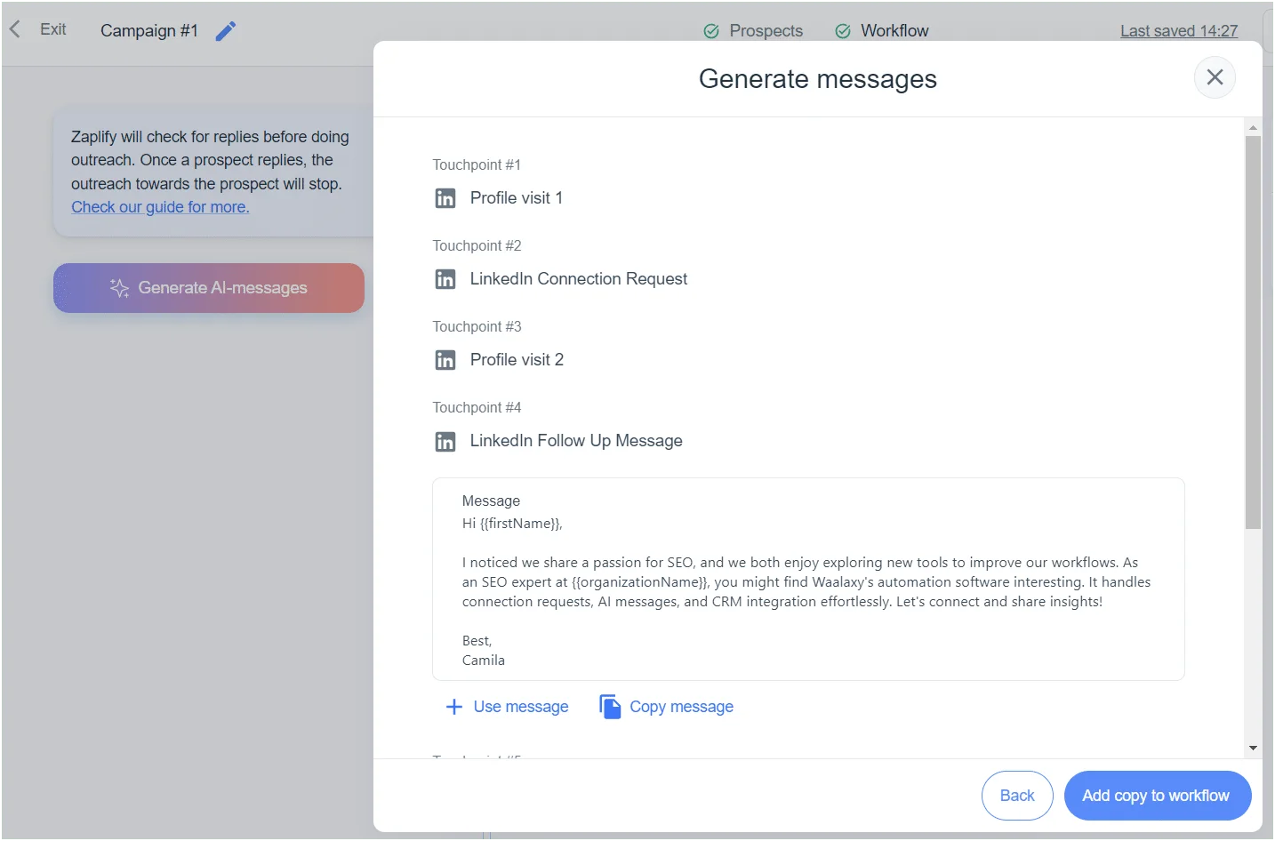 Interface de génération de messages avec des profils de touchpoints et un message LinkedIn.