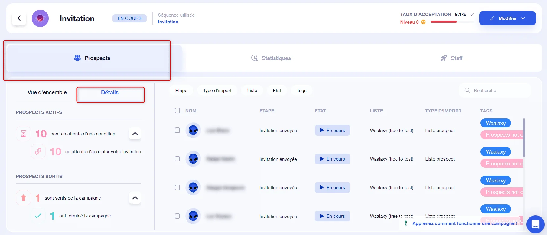 Page web d'invitation en cours, avec des options de prospection et statistiques.