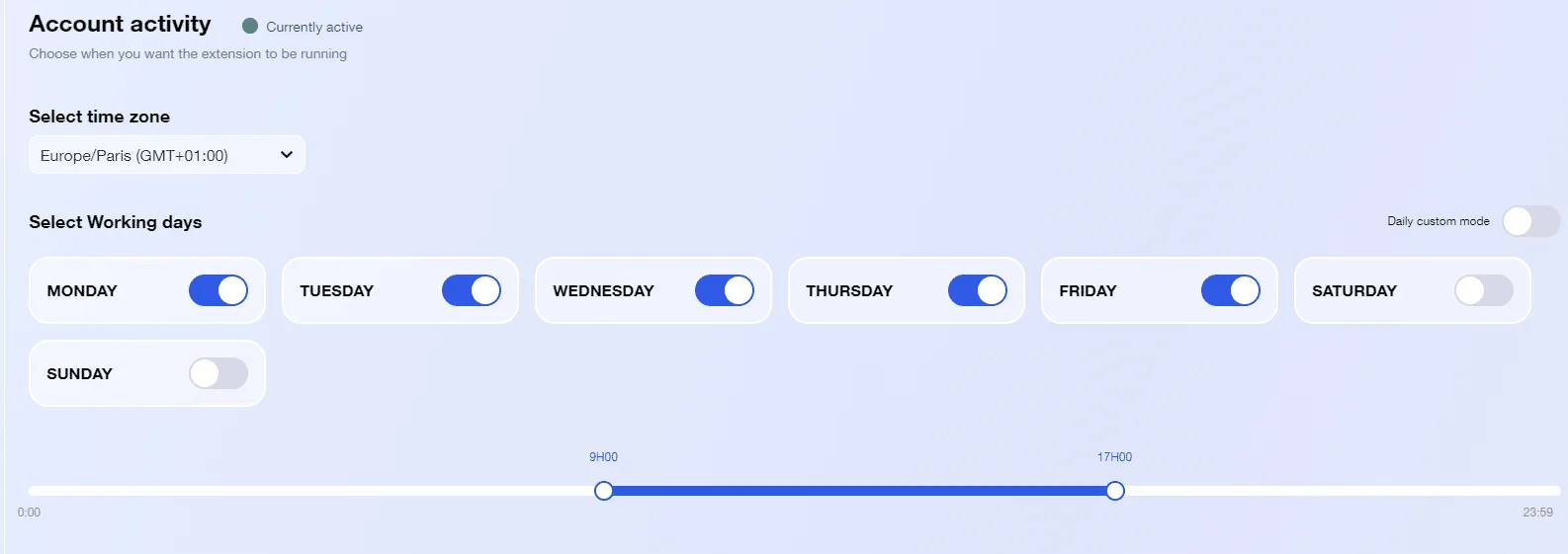 Interface de gestion des paramètres d'activité et de zone horaire, avec options pour choisir les jours de travail et l'heure active.