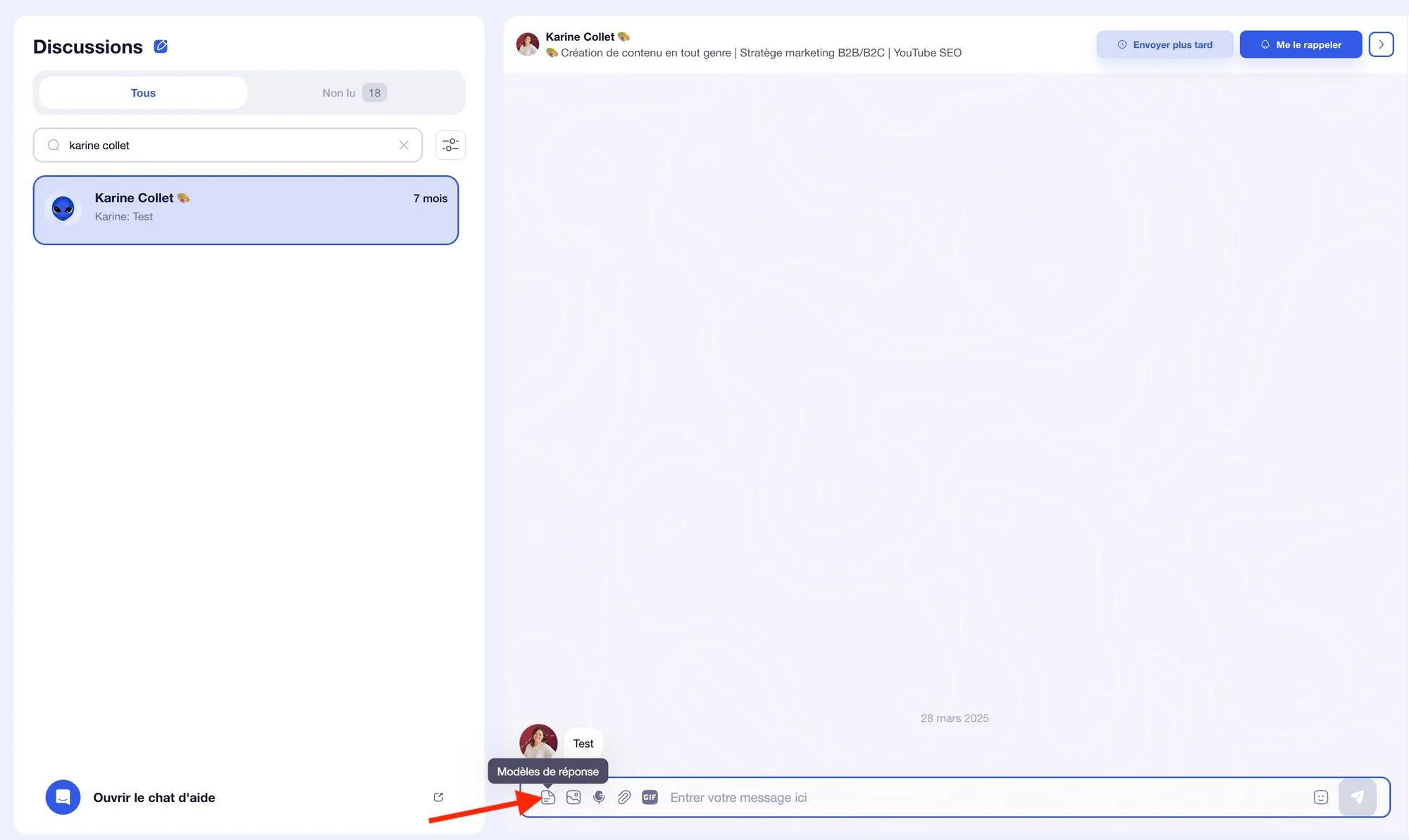 Interface de discussion en ligne avec messages, mentions et profil utilisateur.