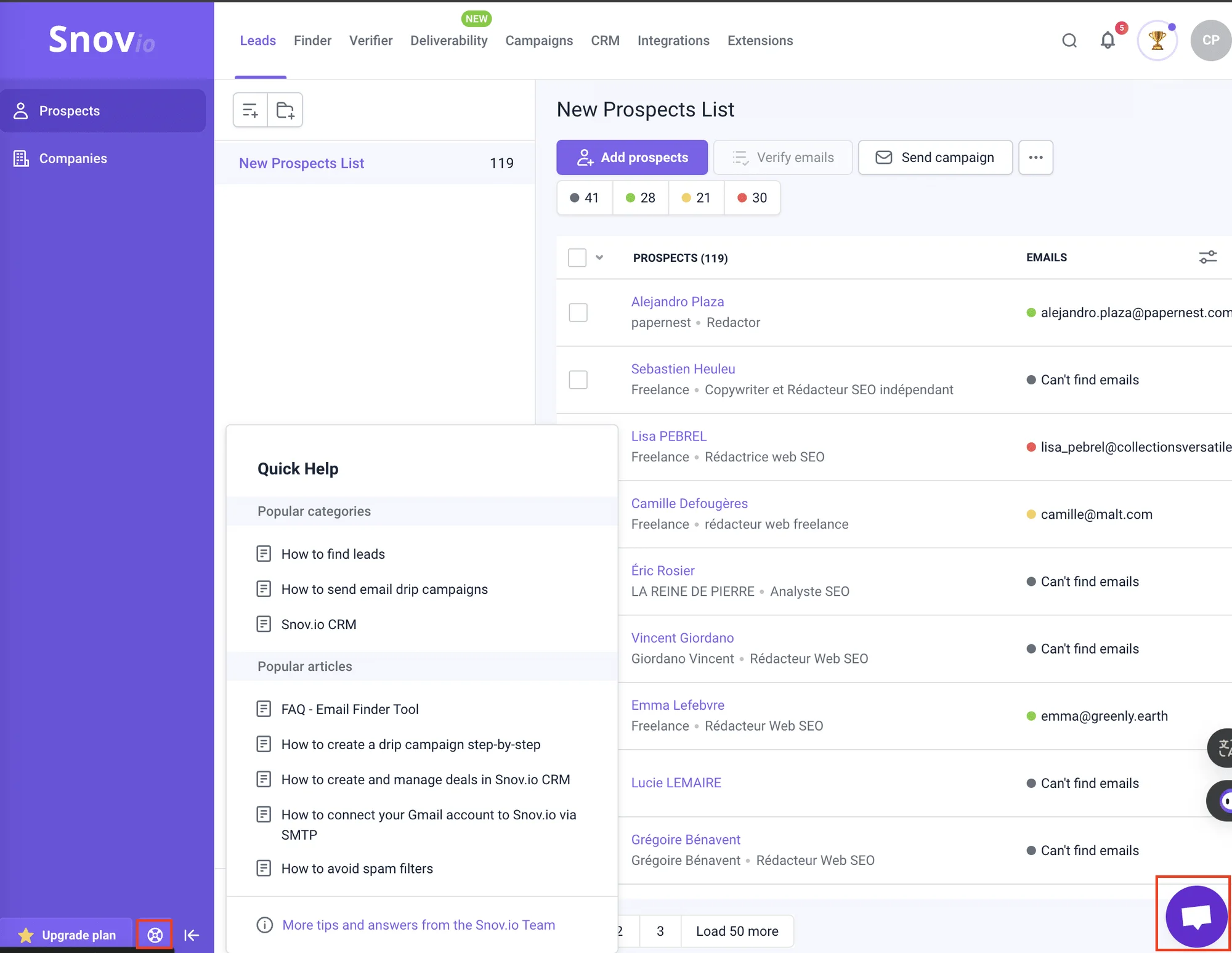 Page web Snov.io, liste de prospects, chat en bas à droite.