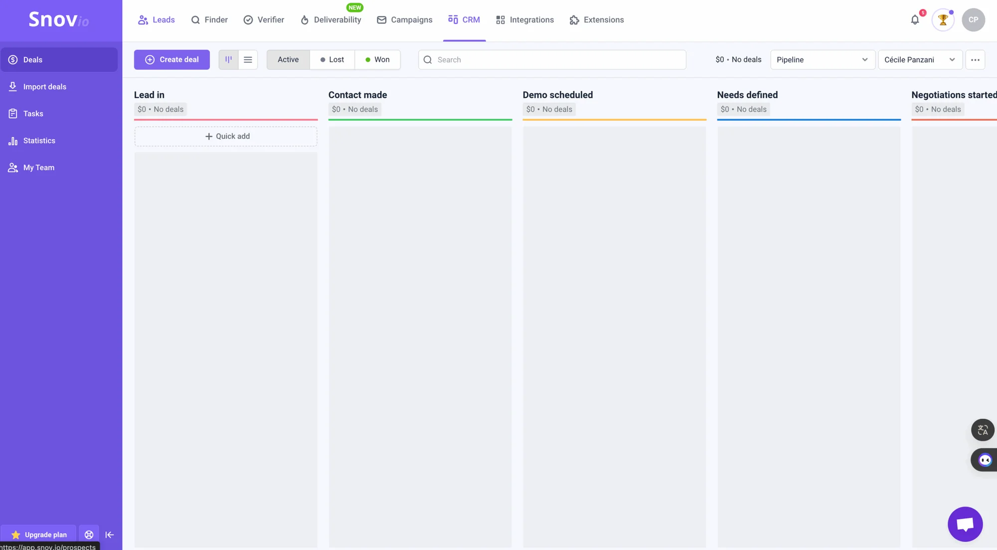 Application de gestion de leads avec des étapes clés comme "Lead in", "Contact made", "Demo scheduled" et "Needs defined". Interface utilisateur avec menu latéral violet.
