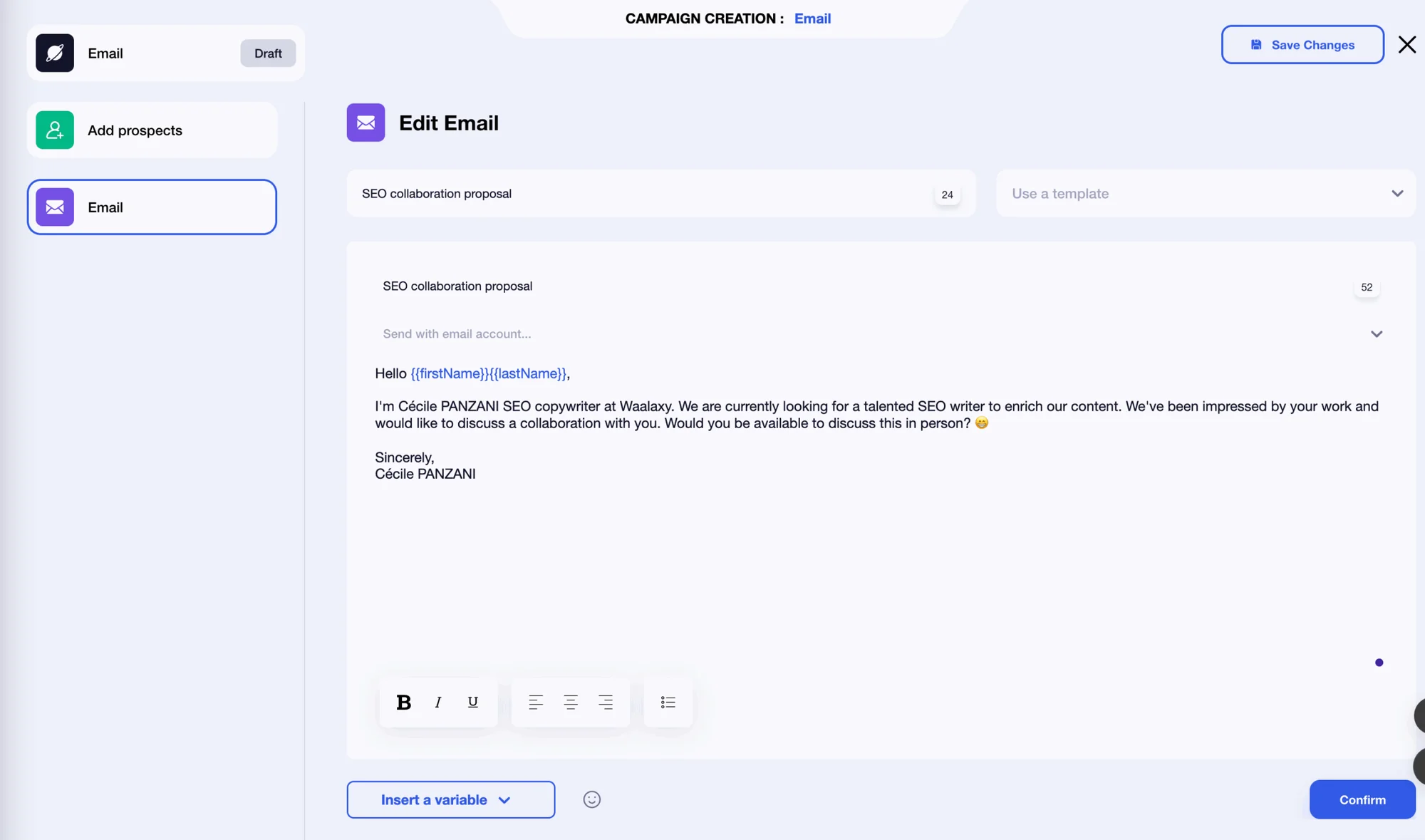 Edit email on Waalaxy