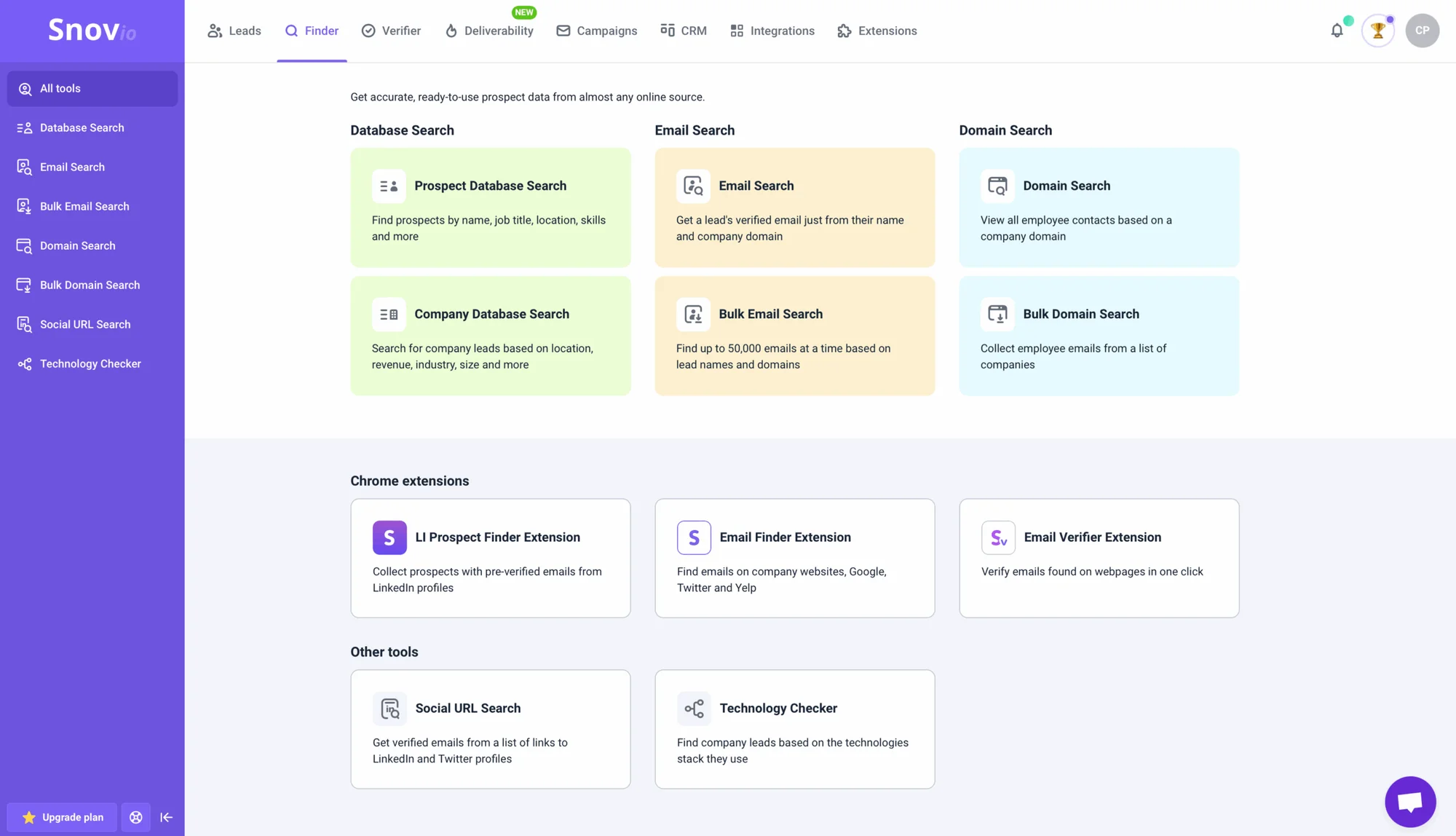 Page web du site Snov.io présentant des outils de recherche d'informations sur les entreprises et les personnes. Des options telles que "Database Search", "Email Search" et "Domain Search" sont visibles. La page a un design moderne avec une palette de couleurs claires et des éléments en forme de carré.