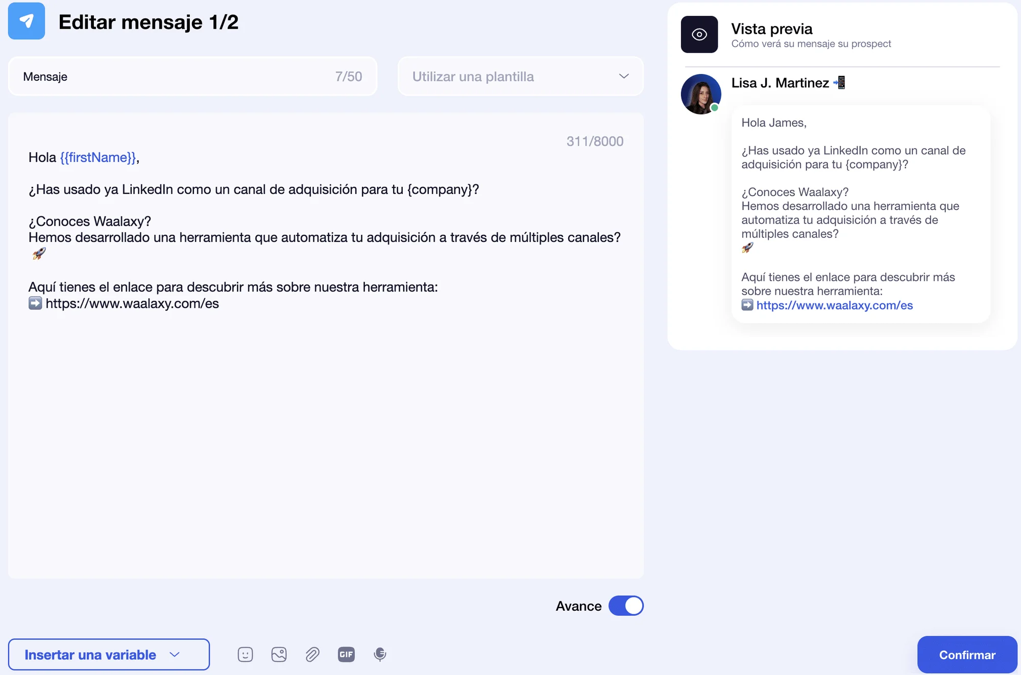 Plantilla de mensaje de LinkedIn con Waalaxy poco efectivo