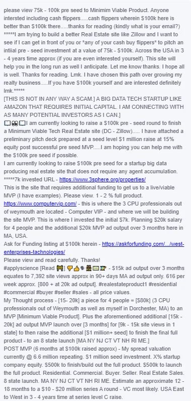 Page web avec des instructions détaillées pour un projet d'investissement en immobilier, mentionnant des chiffres clés comme $100k et $500k, et évoquant des concepts techniques liés à la data tech.