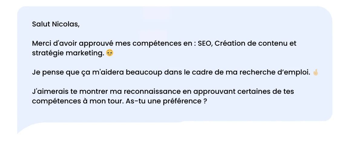 LinkedIn thank you message after a skills approval.