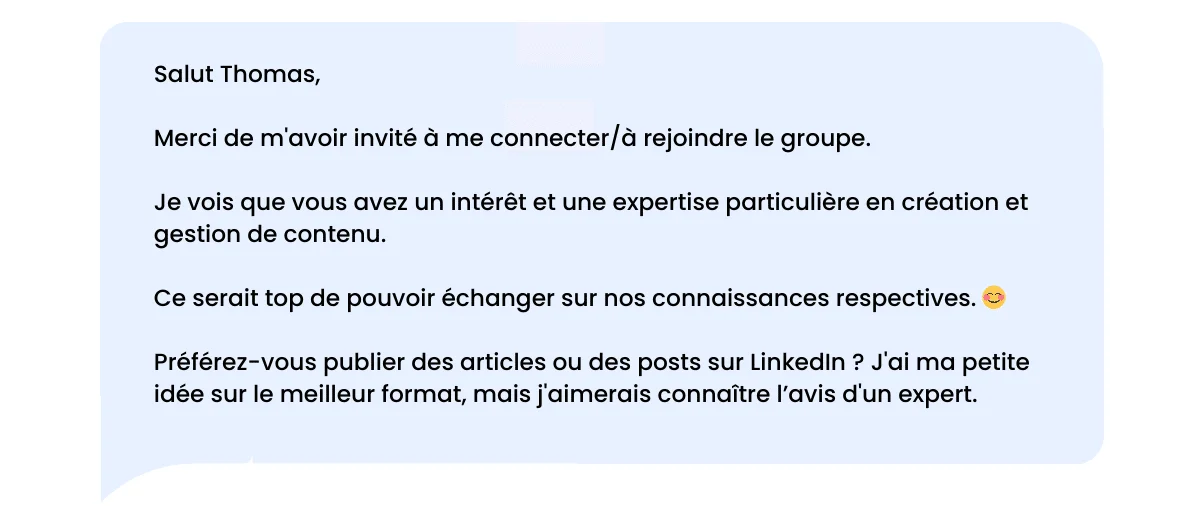 LinkedIn thank you message after accepting a connection request or invitation.