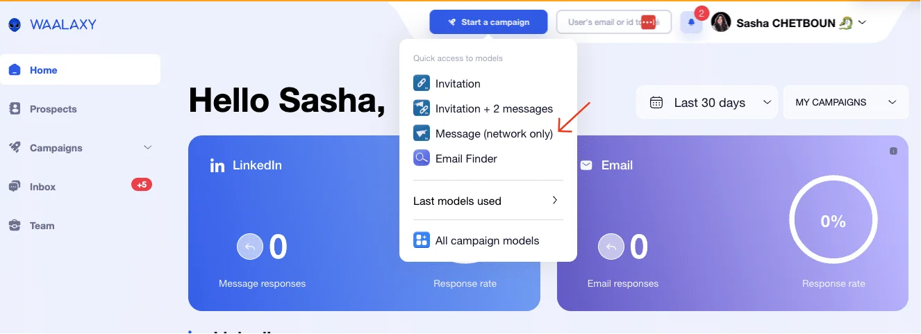 Mensagens automáticas do LinkedIn - campanha de mensagens do waalaxy