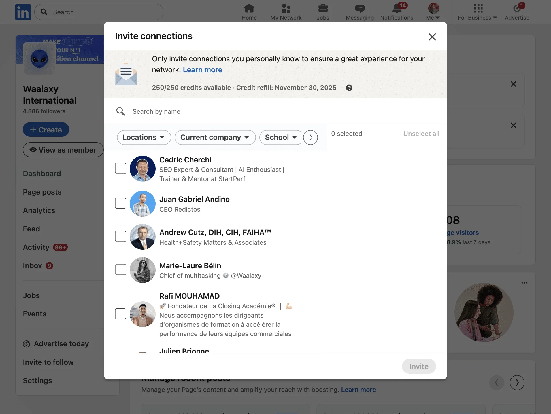 Select contact Linkedin connection request
