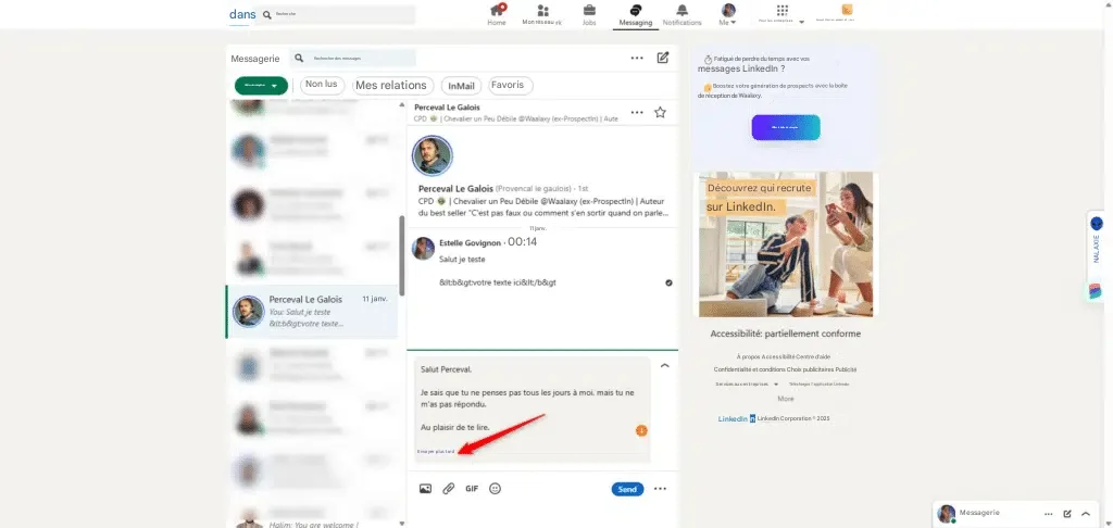 Page LinkedIn avec message en cours d'édition, profil et icônes de navigation visibles.
